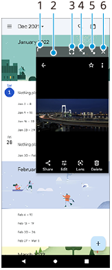 Image showing where each icon is located in the pop-up window. Upper-right area from left to right, 1 to 6.
