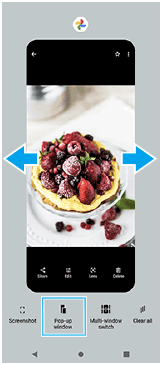 Image showing where to swipe to select the app that you want to display in the small window and the position of the pop-up window button