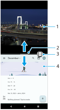 Image of split-screen and components, showing each part by number. Upper half, 1. Partition line, 2. Multi-window switch icon on the partition line, 3. Lower half, 4.