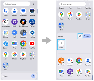 Image showing where to tap to unlock Private space in the app drawer and image showing the Settings icon and Install icon in Private space