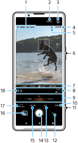 Image showing where each parameter is located on the Photo Pro standby screen in the AUTO/P/S/M mode in the portrait orientation. Upper area, 1 to 5. Right side of the device, 6 and 11. Lower area, 7 to 10 and 12 to 18.